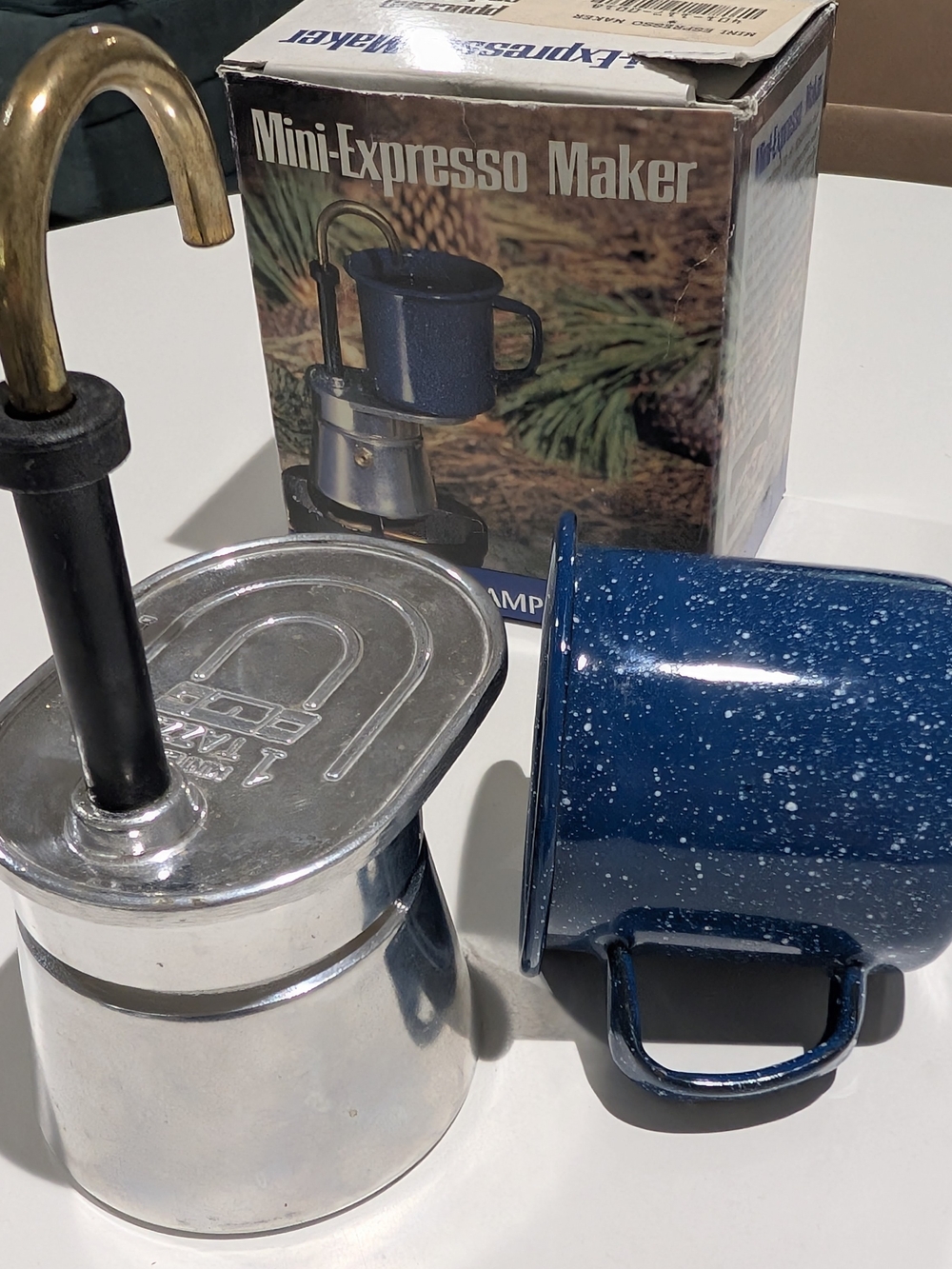 Vintage Mini-Espresso Maker with Blue Enamel Mug